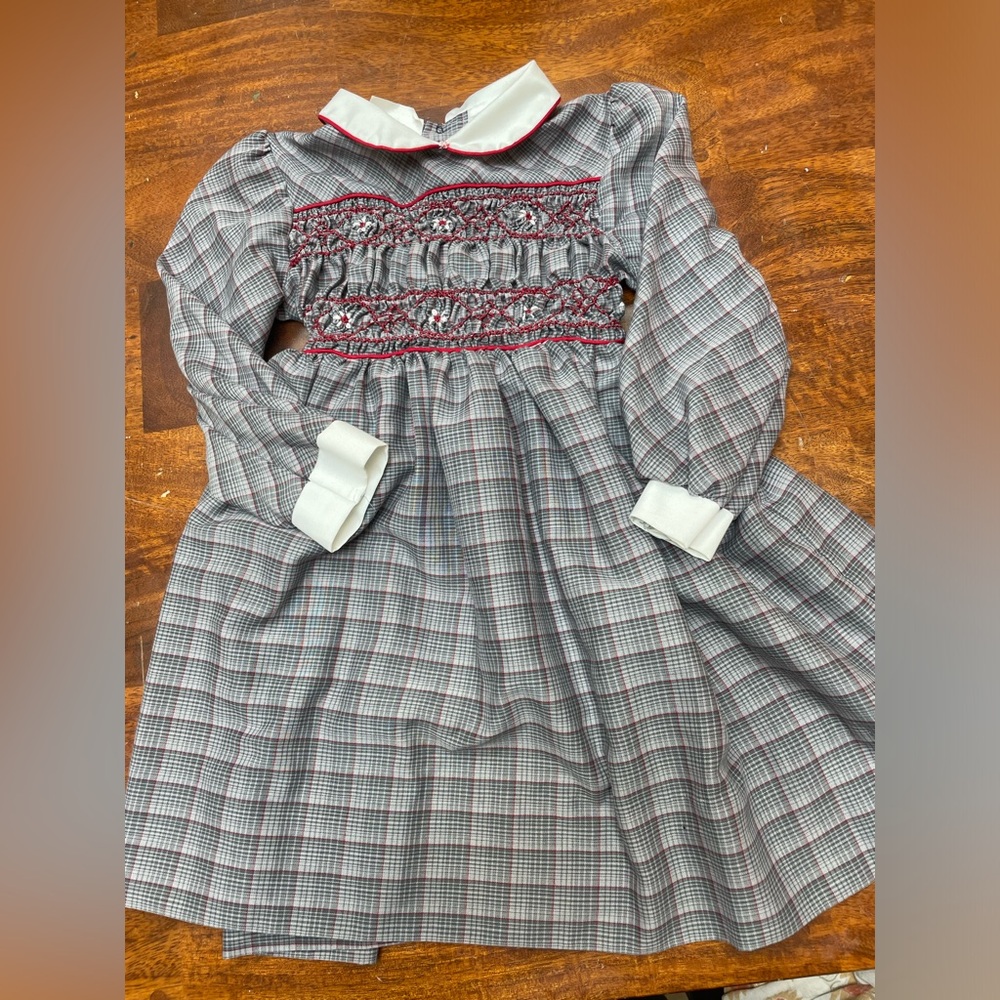 Polly flinders vintage hand smocked grey red dress size 4t